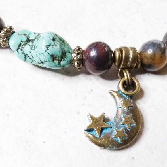 A Bit Hippie & A Bit Boho! Semi-Precious Stones Bracelet w. Moon Charm! 8" Wrist - Picture 8 of 13